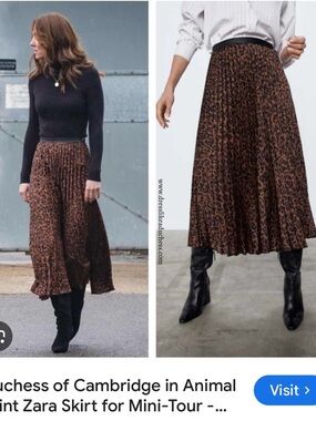 Zara Brown Leopard-Print Pleated Midi Skirt